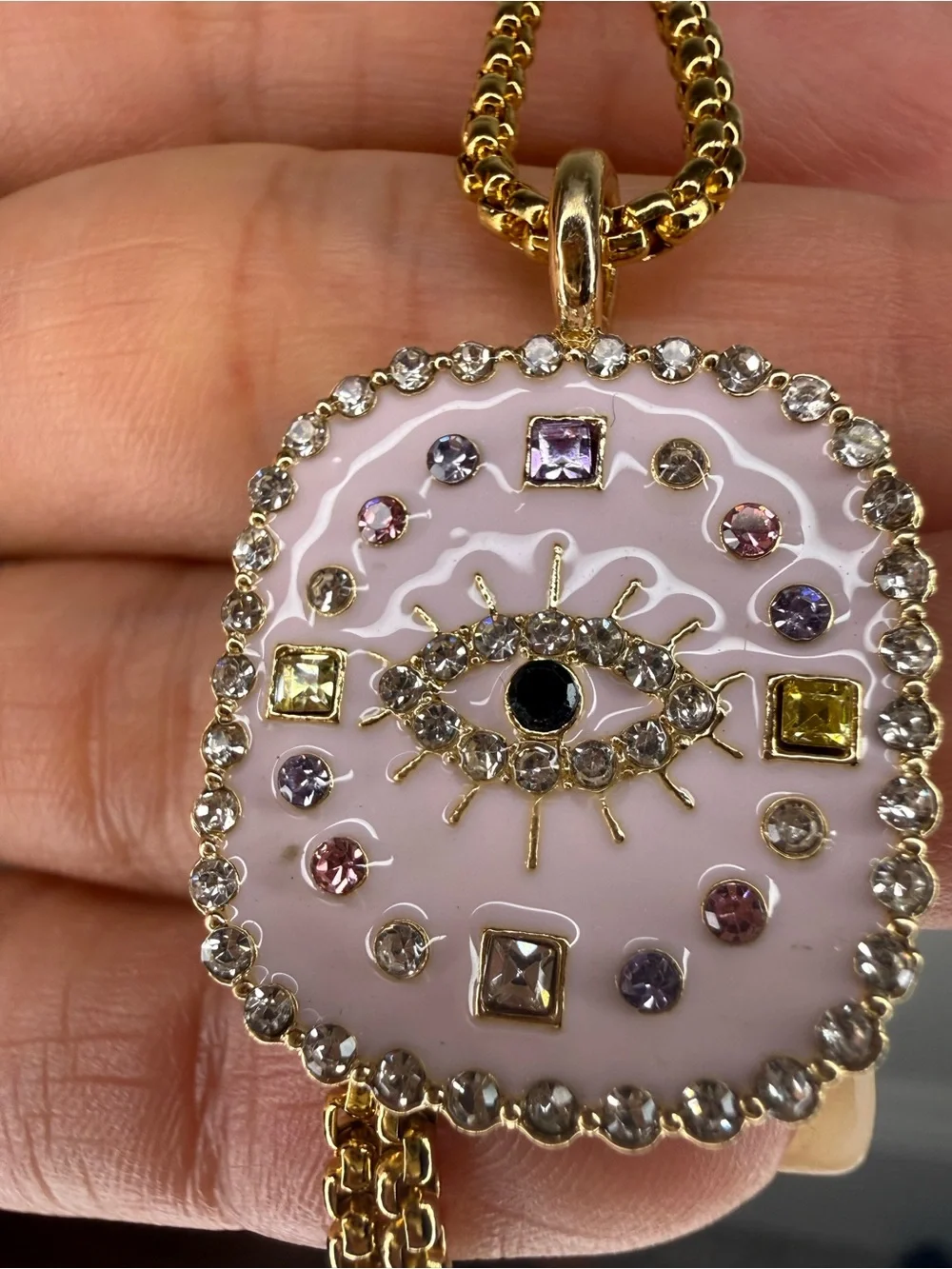 Gold Pink Evil Eye Pendant Necklace with Crystal Accents Y2K